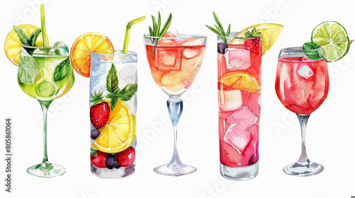 Hand drawn watercolor summer cocktails isolated on white background 