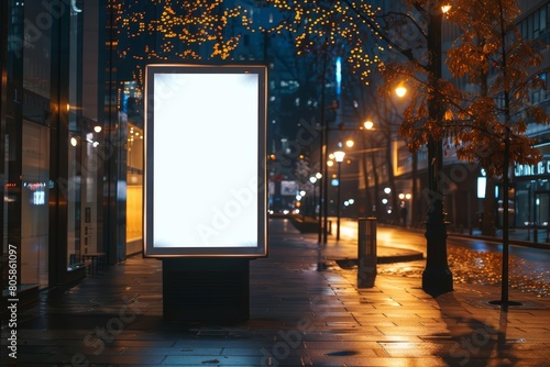 At the city night street, the creative white blank mockup glows under streetlights, white blank poster billboard Sharpen with large copy space