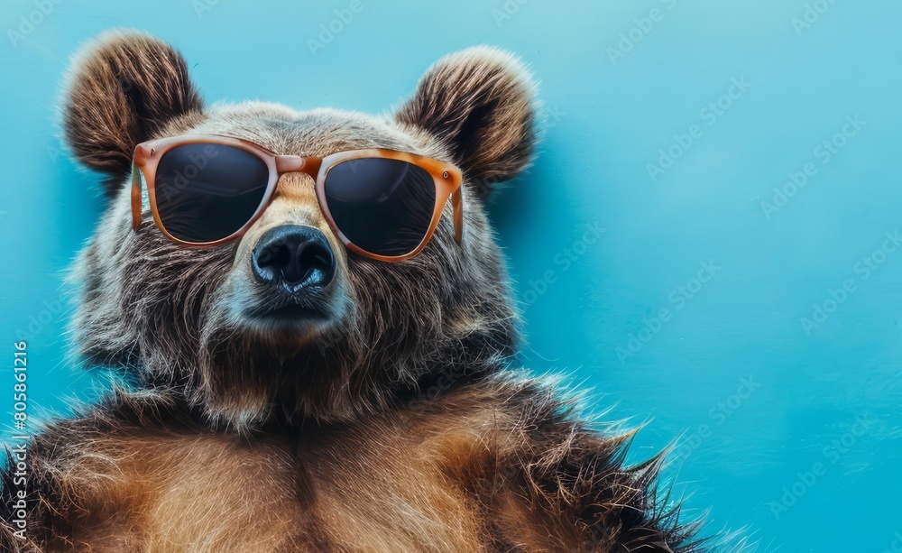 Chilling animal wearing sunglasses lies relaxed against a soft blue backdrop, embodying the essence of cool, sharpen banner template with copy space on center