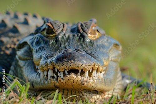 Close-Up of Alligator Smiling in Grassland