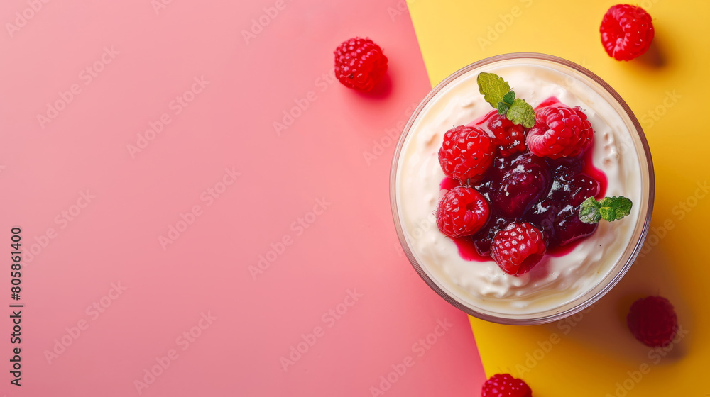 yogurt with jam for breakfast with ample copy space on vivid backdrop yogurt with jam for breakfast with ample copy space on vivid backdrop