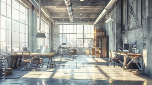 Delve into the 3D architecture of a modern office interior in loft style  combining open spaces with industrial aesthetics  Interior 3d render Sharpen highdetail realistic concept