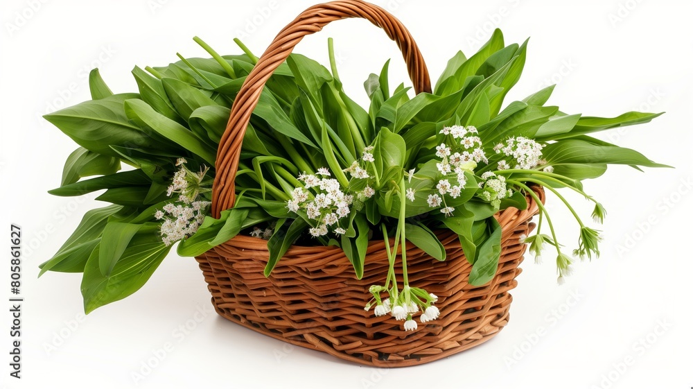 basket brimming with freshly picked wild garlic, isolated on a white background basket brimming with freshly picked wild garlic, isolated on a white background