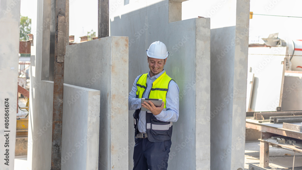 Male engineer checks quality of readymade floor or wall in a factory. Technician with safety hat stands next to a pile of concrete walls. Male engineer checks quality of readymade floor or wall in a factory. Technician with safety hat stands next to a pile of concrete walls.