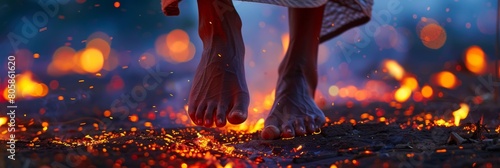 barefoot villager crosses glowing embers in ancient fire-walking ritual, night illumination, empty space for text  photo