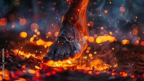 barefoot villager crosses glowing embers in ancient fire-walking ritual, night illumination 