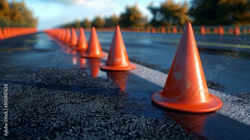 Orange traffic cones on wet asphalt road at sunset