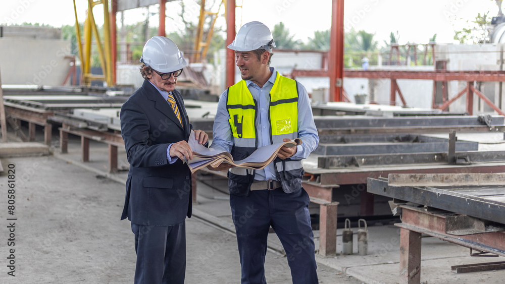 Two civil engineers checking information from file and tablet for quality control in a precast or readymade floor factory. Business men exchange views on floor production in a construction plant