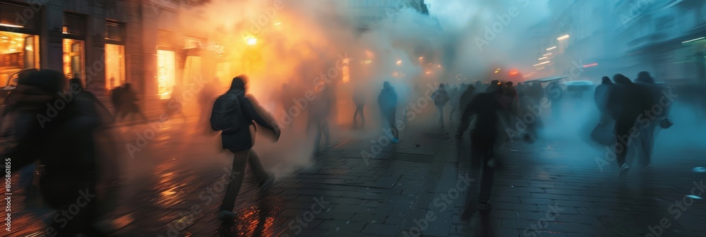 blurred figures running in a smoky street, riot or evacuation scene blurred figures running in a smoky street, riot or evacuation scene