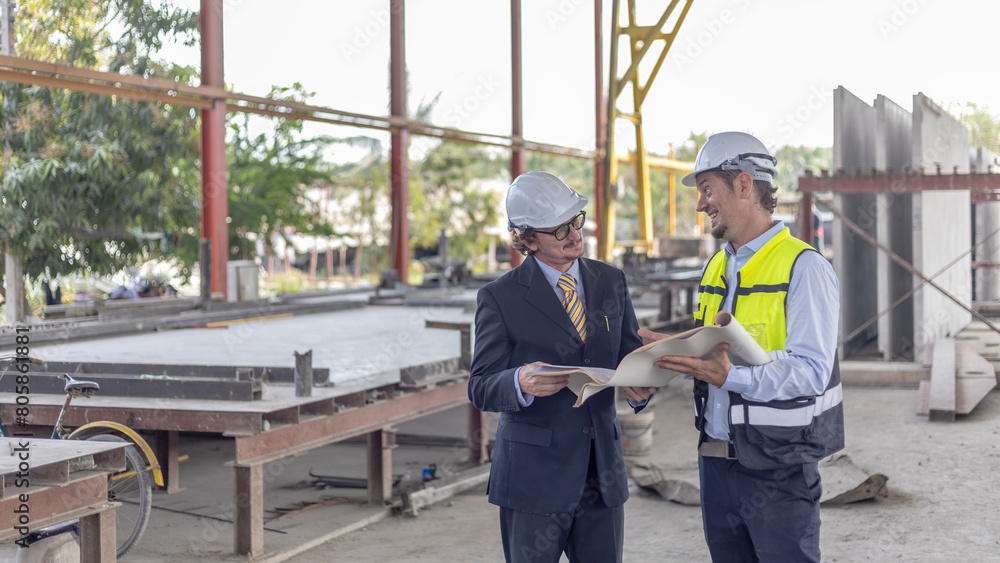 Two civil engineers checking information from file and tablet for quality control in a precast or readymade floor factory. Business men exchange views on floor production in a construction plant