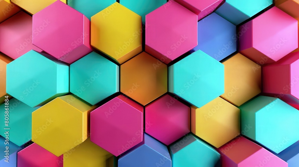 A playful arrangement of primary colored polygons, with red pentagons, blue hexagons, and yellow octagons