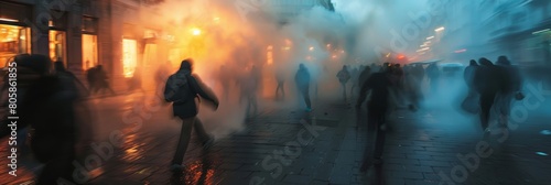 blurred figures running in a smoky street, riot or evacuation scene  photo