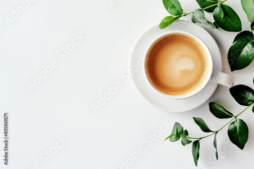 Elegant white cup of coffee with fresh green leaves on a white background