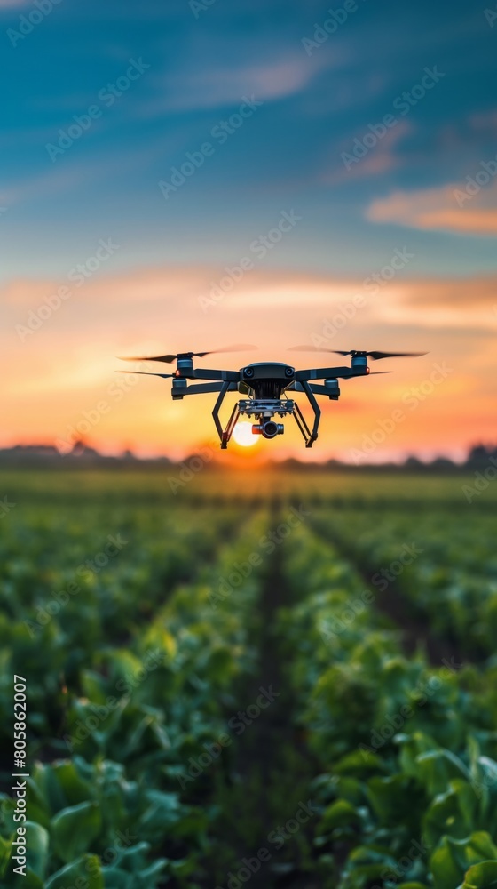 Drone hovering over cornfield at sunrise for precision agriculture Drone hovering over cornfield at sunrise for precision agriculture