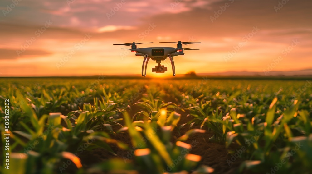 Drone hovering over cornfield at sunrise for precision agriculture Drone hovering over cornfield at sunrise for precision agriculture