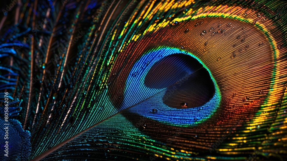 Obraz premium close-up of a colorful peacock feather, detailed texture, isolated on black background 