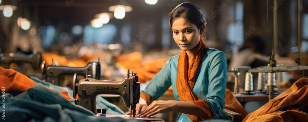 Artisan tailor sewing in a busy textile workshop Artisan tailor sewing in a busy textile workshop