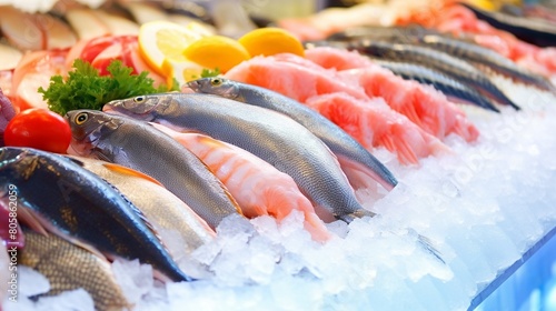 Chilled variety of fish, neatly organized on ice, seafood market display with focus on natural details and freshness