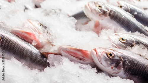 Closeup of frozen fish at a seafood market, ice crystals visible, showcasing freshness and preservation