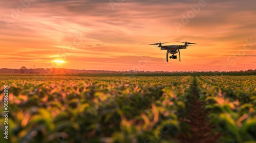 Drone hovering over cornfield at sunrise for precision agriculture