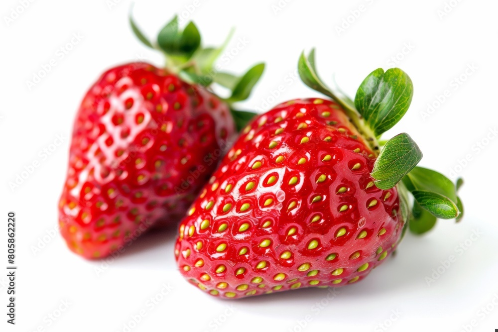 couple of vibrant red strawberries isolated on a white background couple of vibrant red strawberries isolated on a white background