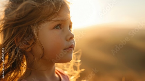 A little girl with blond surfer hair and a big smile is standing in a field, looking up at the sun. Her eyelashes catch the light like flash photography AIG50