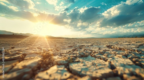 cracked earth in a barren field under a scorching sun, drought concept 