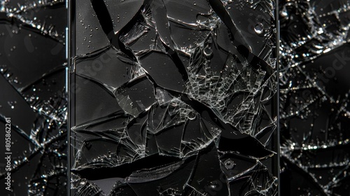 cracked smartphone screen isolated on a black background, technology failure  photo