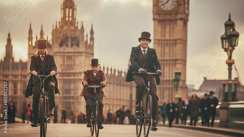 cyclists in Victorian attire ride past historic London landmarks, soft focus background  photo