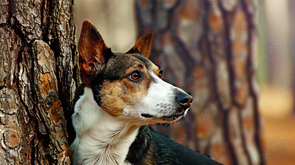 Portrait of a dog on a background of a tree in the forest