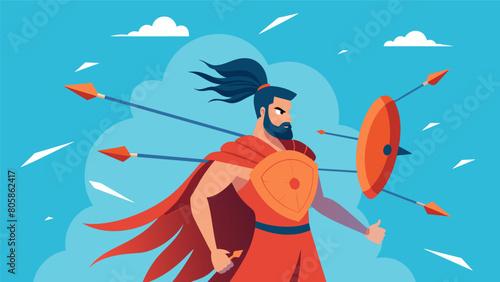 As arrows flew towards him the stoic warrior calmly deflected them with his shield his stoic mindset shielding him from fear or panic.. Vector illustration