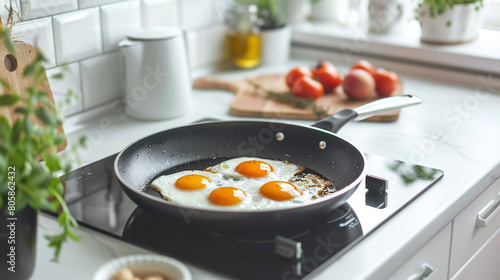 Scrambled eggs are fried in a frying pan in a modern light kitchen