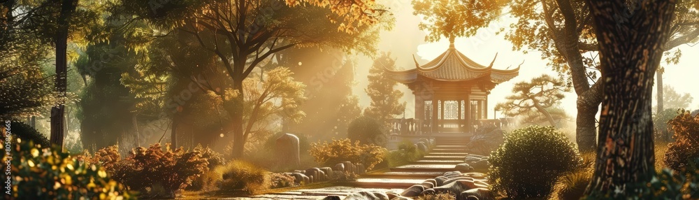 Fototapeta premium Gold corner art reflecting Asian Buddhism temple aesthetics brings a serene and spiritual ambiance to the environment, emphasizing mindfulness and peace, Sharpen art