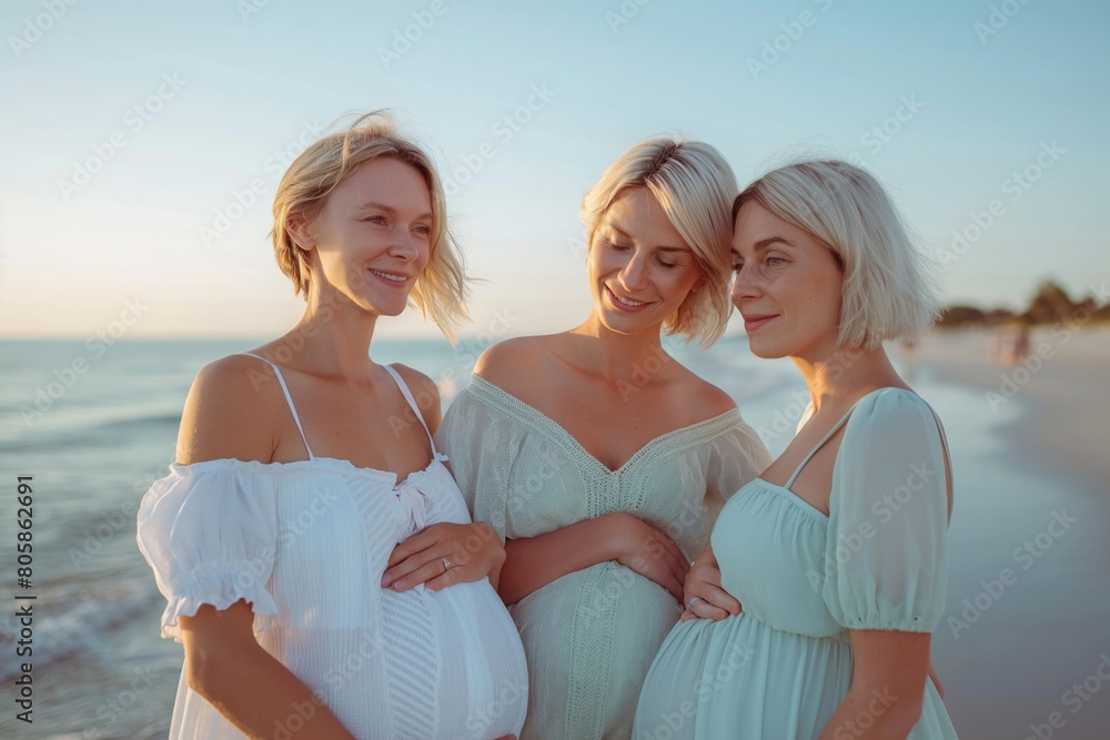 Three Pregnant Women in White Dresses at Beach at Sunset Three Pregnant Women in White Dresses at Beach at Sunset