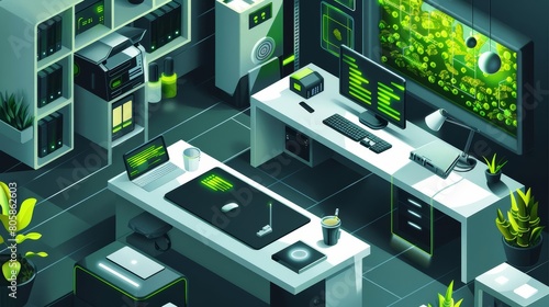 Futuristic home office environmental isometric diorama includes hightech gadgets and a green wall for enhanced productivity, sharpen banner with space for text