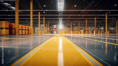 Spacious Warehouse Interior With Yellow Line on Floor.