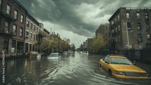 flooded urban street with abandoned cars, stormy sky overhead  photo