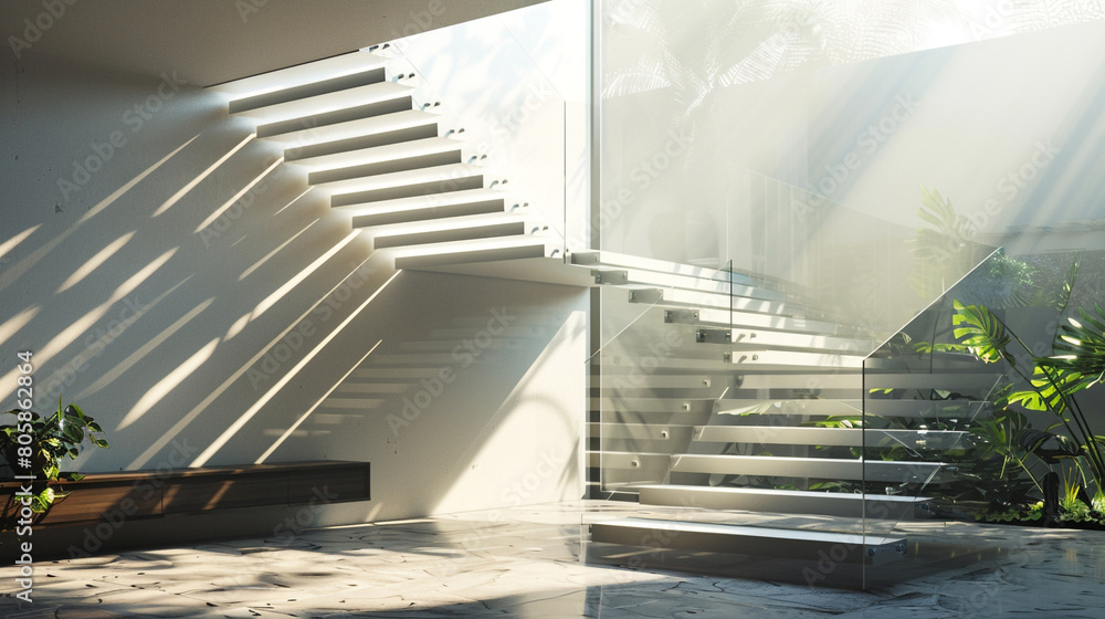 A sleek, modern staircase with glass railings inside a contemporary home, bathed in natural light from a large window. A sleek, modern staircase with glass railings inside a contemporary home, bathed in natural light from a large window.