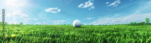 Golf ball on a lush green meadow under a clear sky gives a serene and focused vibe to this sport banner