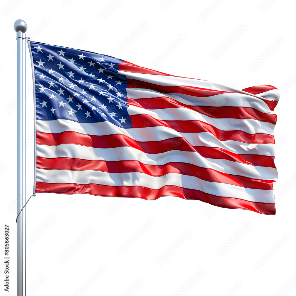 Fototapeta premium An American flag waving in the wind, isolated on a white background. It symbolizes patriotism and national pride, suitable for Independence Day or similar events.
