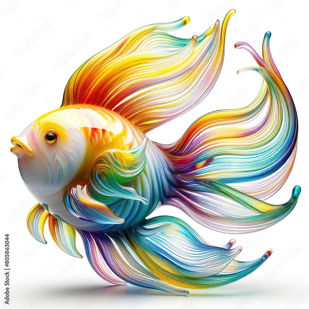 A stunning blown glass sculpture of a playful, gold fish with seamlessly blended rainbow colors swirling, white background A stunning blown glass sculpture of a playful, gold fish with seamlessly blended rainbow colors swirling, white background