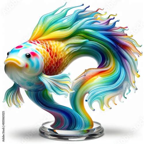 A stunning blown glass sculpture of a playful, Koi fish with seamlessly blended rainbow colors swirling, white background © JetHuynh