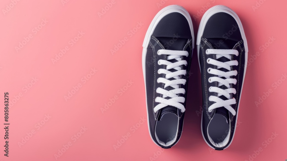 minimalist black sneakers on a pastel pink background, top view with copy space 
