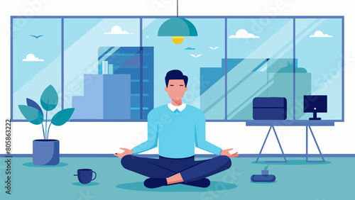 A quiet floor of the office transforms into a meditation room for the lunchtime mindfulness and relaxation session offered by the offices fitness. Vector illustration