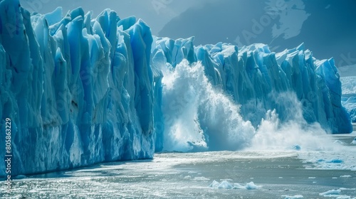 melting glacier with a calving iceberg, climate change evidence  photo