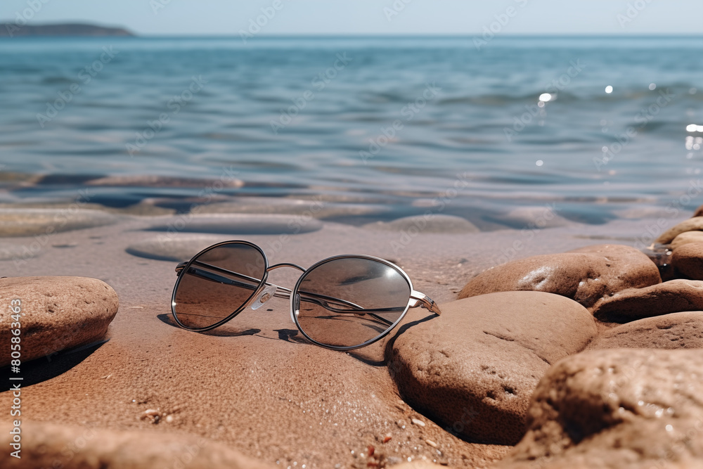 A pair of sunglasses is laying on the beach. The beach is rocky and the water is calm