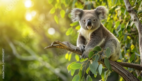 Koala Perched in Sunlit Eucalyptus Tree