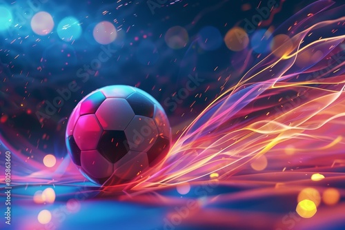Modern abstract sport background highlights a soccer ball on a neon backdrop  reflecting the energy and pulse of nighttime games  Sharpen banner with space for text