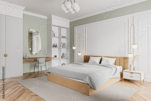 A modern bedroom interior with a bed  furniture  and elegant decor on a light background  concept of a cozy living space. 3D Rendering