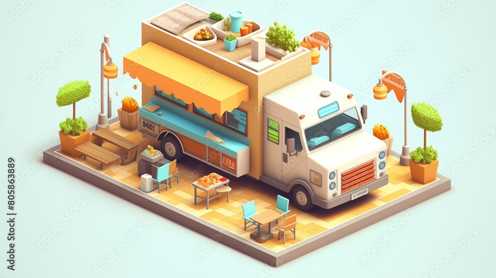 Isometric 3D City Vector Illustration with a Colorful Food Truck Parked on the Street.